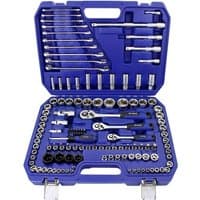 Blue plastic case with 120-piece metric socket set, including ratchets, sockets, and wrenches neatly organized.