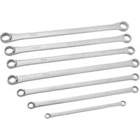 Bluespot Tools 7-piece extra long ring spanner set, silver chrome finish, varying sizes aligned in a row.