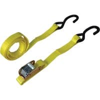 Yellow Bluespot Tools cam buckle strap with black S-hooks, 25mm wide, 2m long, featuring a metal buckle.