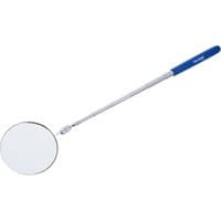 Large round inspection mirror with telescopic handle and blue grip by Bluespot Tools.