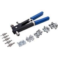 Black and blue nut riveter kit with multiple silver rivet nuts and mandrels, 86 pieces total.