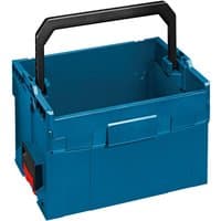 Blue Bosch LT-BOXX 272 storage case with black handle and red latch, rectangular design.
