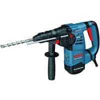 Blue Bosch rotary hammer with SDS-plus, black grip handle, red accents, and a long drill bit attached.