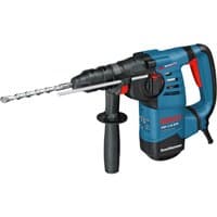 Bosch blue and black rotary hammer with side handle, SDS-Plus chuck, and red mode selector dial.