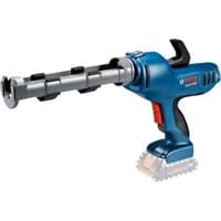 Blue Bosch 18V caulking gun with black handle, silver tube holder, and red trigger.