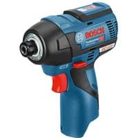 Bosch blue cordless impact driver with red trigger, black grip, and compact design, bare unit without battery.