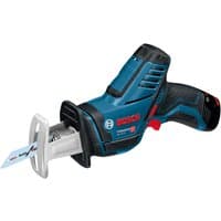 Blue Bosch 12V reciprocating saw with black grip, exposed blade, and compact design.