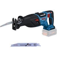 Bosch cordless reciprocating saw, blue and black, ergonomic handle, no battery, includes metal cutting blade.