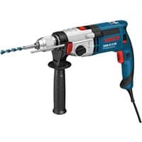 Blue Bosch impact drill with black grip handle, silver chuck, red accents, and power cord.