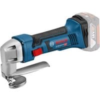 Blue Bosch cordless metal shear with ergonomic grip and silver cutting head, 18V battery slot visible.