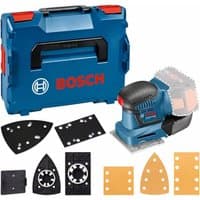 Blue Bosch palm sander with black grip, accessory set, and blue L-BOXX storage case.