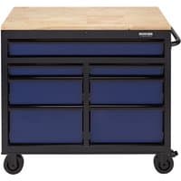 Blue BUNKER 7-drawer workbench roller cabinet with black frame, wood top, and four caster wheels.