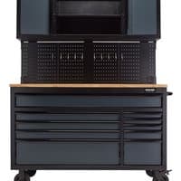 Grey BUNKER 10-drawer roller workstation with wooden workbench top, pegboard backing, and lockable storage cabinet.