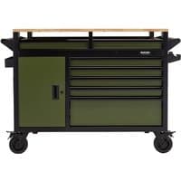 Green BUNKER 14-drawer workbench roller tool cabinet with black frame, wooden top, and large caster wheels.