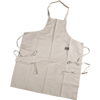 Beige Draper cotton apron with neck loop, side ties, and front pocket.