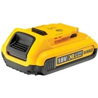 Yellow and black DeWalt 18V 2.0Ah XR Li-Ion slide pack battery with side label and compact design.