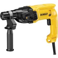 Yellow and black DEWALT SDS+ hammer drill with side handle and cord, featuring a robust design for heavy-duty use.