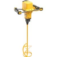 Yellow DeWalt cordless paddle mixer with dual handles and long mixing paddle, designed for heavy-duty mixing tasks.