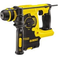 Yellow and black DeWalt cordless SDS+ hammer drill with side handle and mode selector dial.