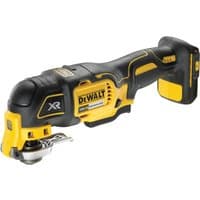Yellow and black Dewalt 18V XR brushless oscillating multi-tool with ergonomic grip and accessory attachment.