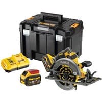 Yellow and black DeWalt circular saw with 190mm blade, two 6Ah batteries, charger, and sturdy black carrying case.