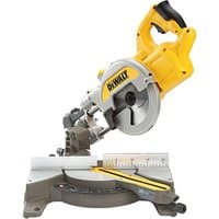 Yellow and silver DeWalt sliding compound mitre saw with 216mm blade and ergonomic handle.