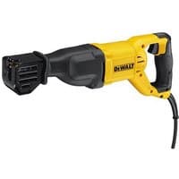Yellow and black DeWalt reciprocating saw with ergonomic handle and corded power connection.