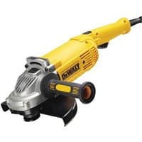 Yellow DeWalt angle grinder with black side handle, silver guard, and ventilation slots on motor housing.