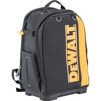 Black and yellow Dewalt tool backpack with multiple pockets, sturdy handle, and reinforced base.