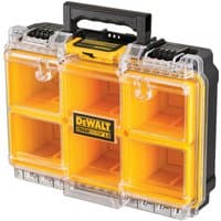 Yellow and black DeWalt organizer with clear lid, six compartments, and sturdy handle.