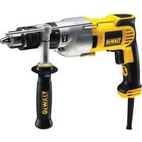 Yellow and black Dewalt dry diamond drill with side handle and 110V power cord.