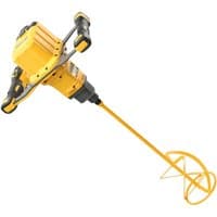 Yellow DeWalt paddle mixer with dual handles, 54V motor, and long mixing paddle, includes two 3.0Ah batteries.