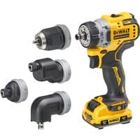 Yellow and black DeWalt 12V XR brushless drill driver with four interchangeable heads and ergonomic grip.