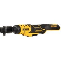 Yellow and black DeWalt 18V XR 3/8in open head ratchet with ergonomic grip and compact design.