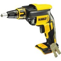 Yellow and black DeWalt 18V XR brushless drywall screwdriver with ergonomic grip and belt hook.