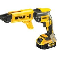 Yellow and black DeWalt 18V brushless drywall screwdriver with ergonomic grip and collated screw attachment.