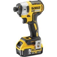 Yellow and black DeWalt 18V XR brushless impact driver with 3-speed settings and two 5.0Ah batteries.