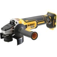 Yellow and black DeWalt 18V XR brushless angle grinder with side handle and 125mm disc.