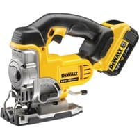 Yellow and black DeWalt cordless jigsaw with ergonomic handle, 18V battery, and metal cutting blade.