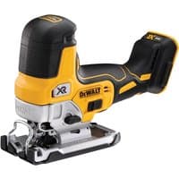 Yellow and black DeWalt 18V XR brushless jigsaw with ergonomic body grip and metal base plate.