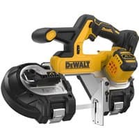Yellow and black DeWalt 18V XR brushless bandsaw with ergonomic handle and exposed cutting blade assembly.