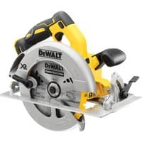 Yellow and black DeWalt circular saw with silver blade, ergonomic handle, and brushless motor.