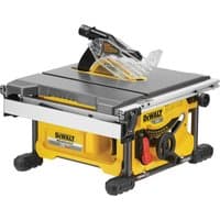 Yellow and black DeWalt table saw with silver top, clear blade guard, and adjustable fence system.