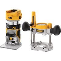 Yellow and black DeWalt 18V XR twin base router with ergonomic handles and precision depth adjustment.