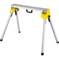 Silver and yellow DeWalt heavy-duty work support stand with foldable legs and central carrying handle.