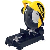 Yellow and black DeWalt 355mm metal cutting saw with a sturdy base and ergonomic handle.