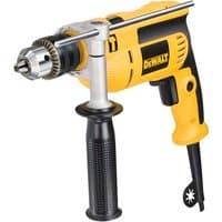 Yellow DeWalt 13mm percussion drill with black grip handle and side support, featuring a 701W motor and 110V power.