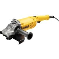 Yellow DeWalt 230mm angle grinder with black side handle and silver metal gear housing, corded 2000W 240V model.
