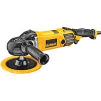 Yellow and black DeWalt polisher with side handle and variable speed control knob.