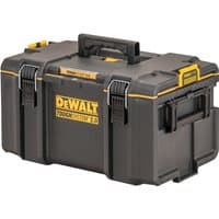 Black DeWalt ToughSystem 2.0 Toolbox with yellow accents, sturdy latches, and a central carrying handle.
